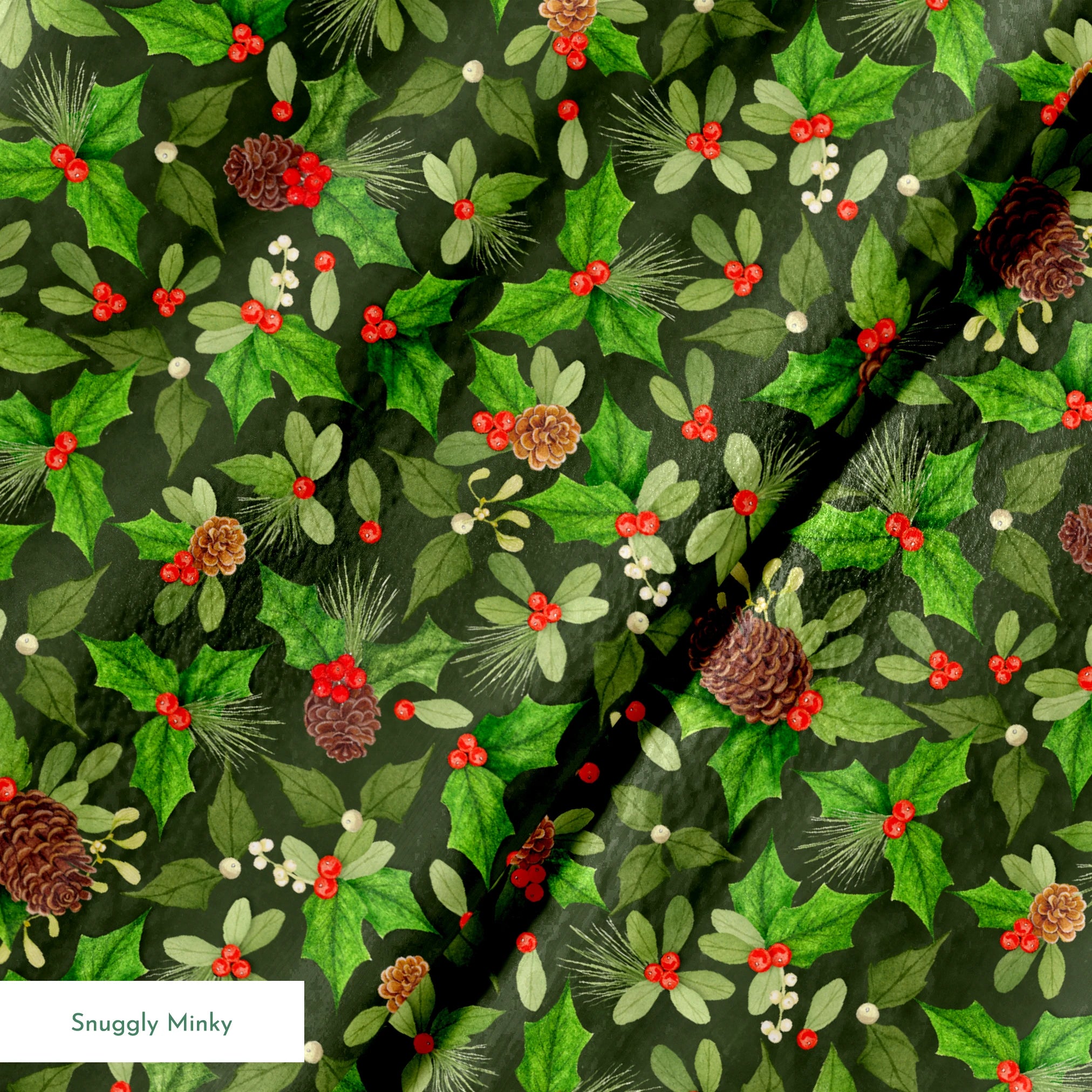 Seamless holiday pattern by Nicole Tamarin featuring pinecones, holly, red berries, and green foliage on a dark green background. springs minky texture