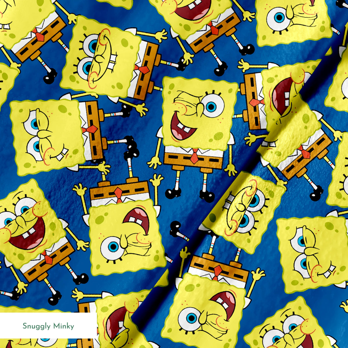 SpongeBob SquarePants pattern featuring various expressions on blue background springs minky texture