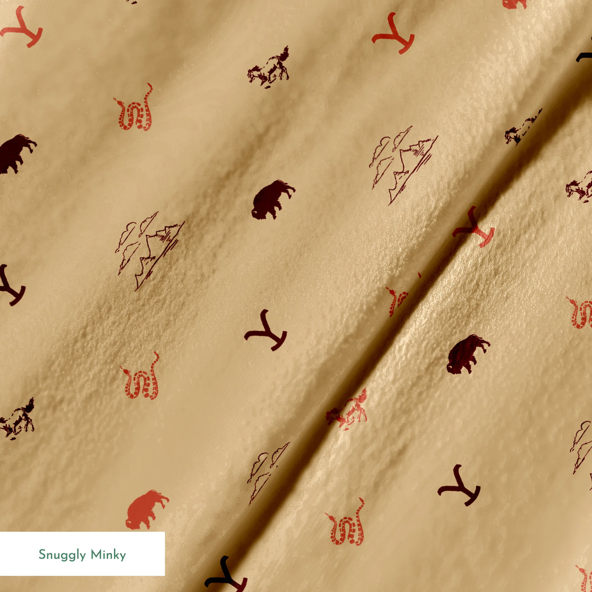 Yellowstone ranch icons with “Y” brand, bison, horses, mountains, and snakes in a Western-inspired design. springs minky texture