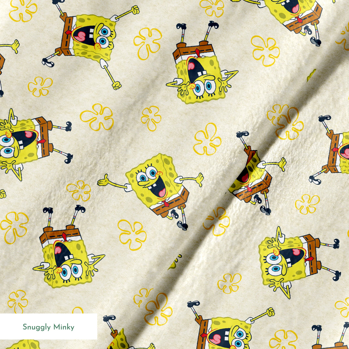 Repeating pattern of SpongeBob SquarePants characters on light yellow background with yellow flowers springs minky texture