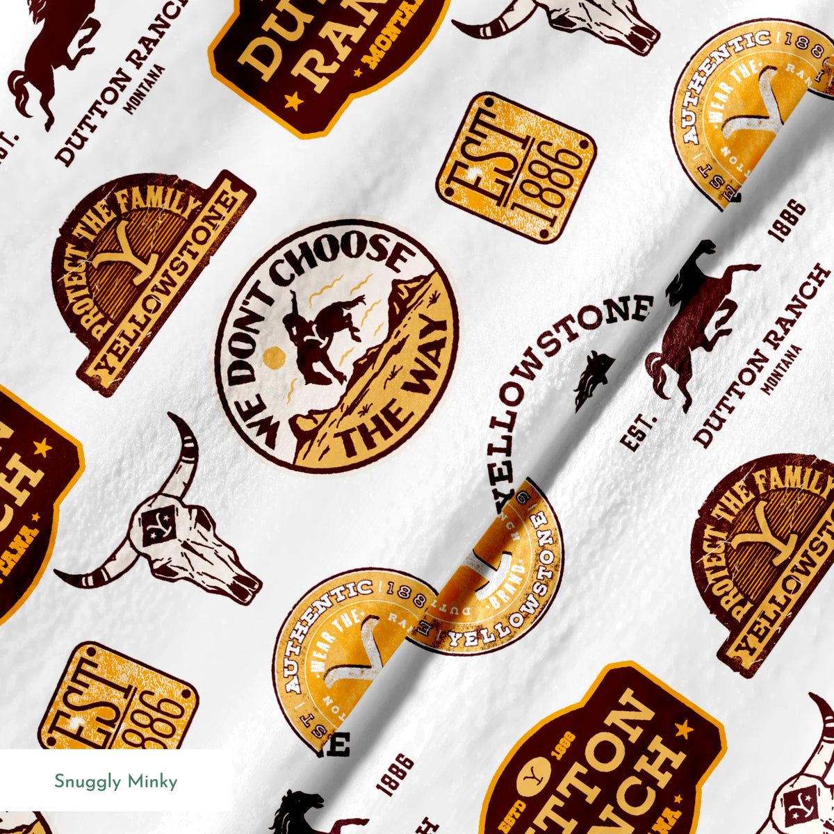 Western patch-style design featuring Dutton Ranch and Yellowstone badges in rustic tones. Great for quilting, crafts, and cowboy-inspired decor. springs minky texture