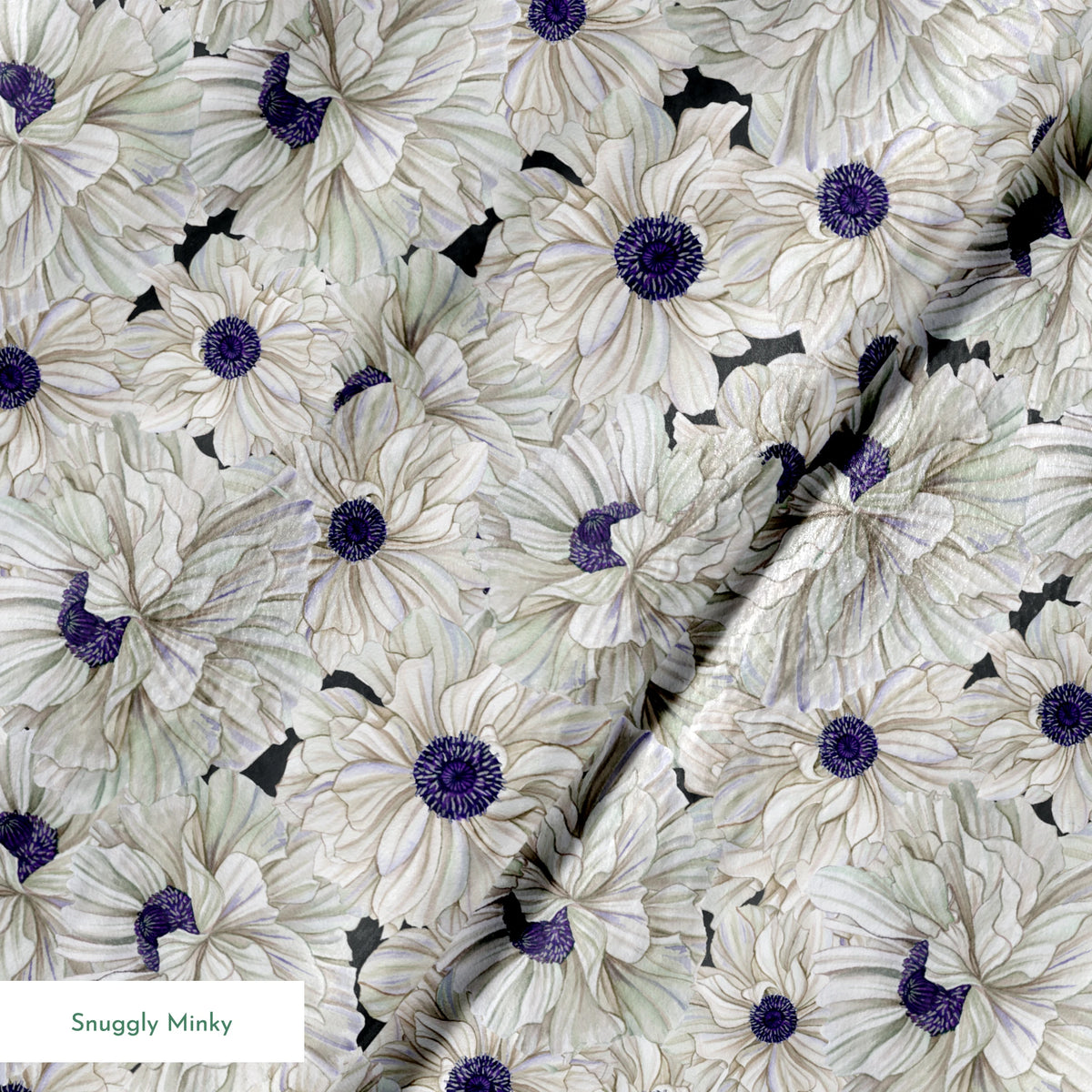Ivory and indigo packed floral pattern with detailed petal textures and clustered blooms. springs minky texture