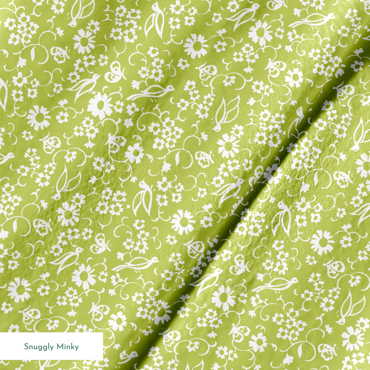 White bird and floral pattern on a vibrant lime green background. springs minky texture