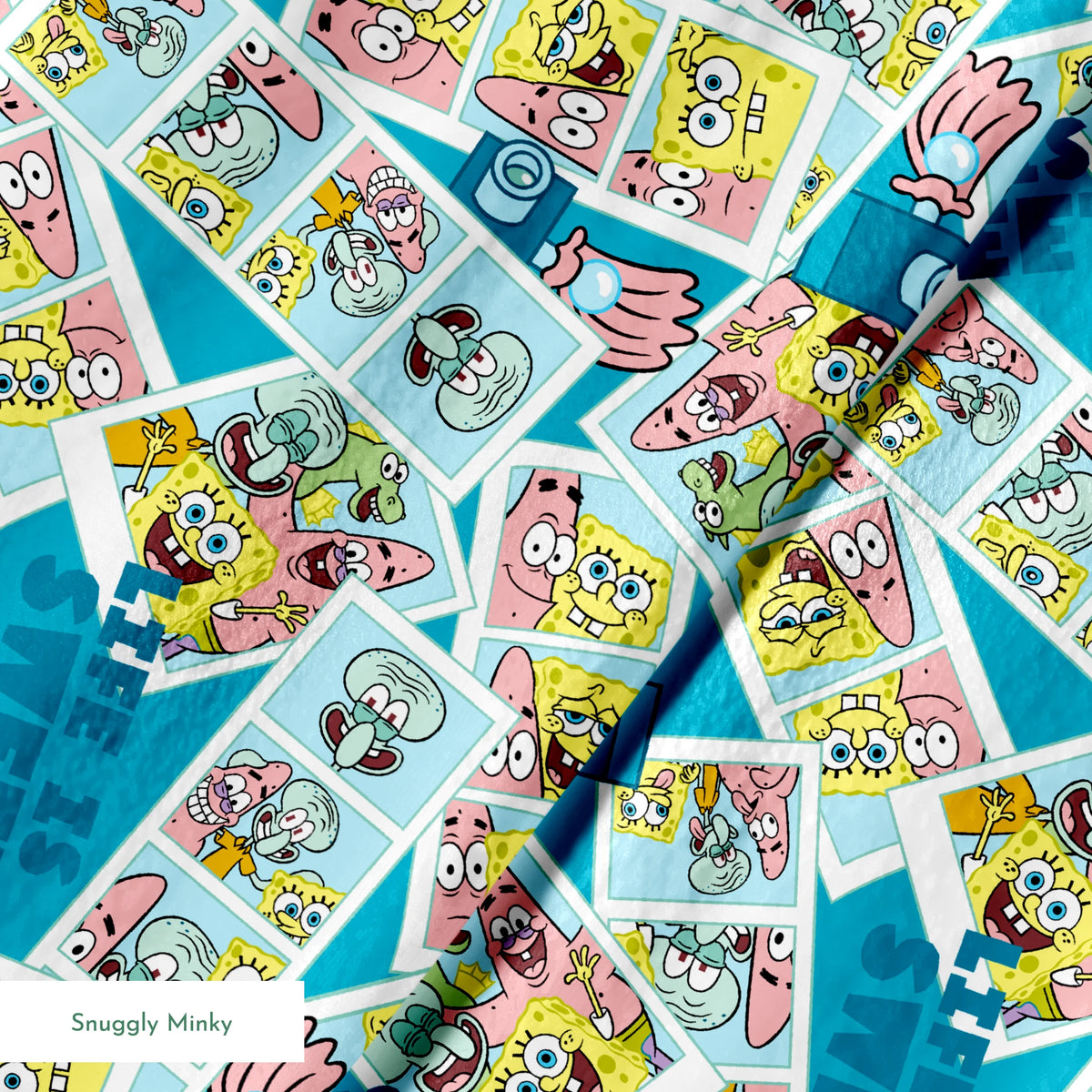 Photobooth-style SpongeBob SquarePants design featuring cartoon snapshots of SpongeBob, Patrick, and Squidward with “Life is Sweet” text on a blue background. springs minky texture