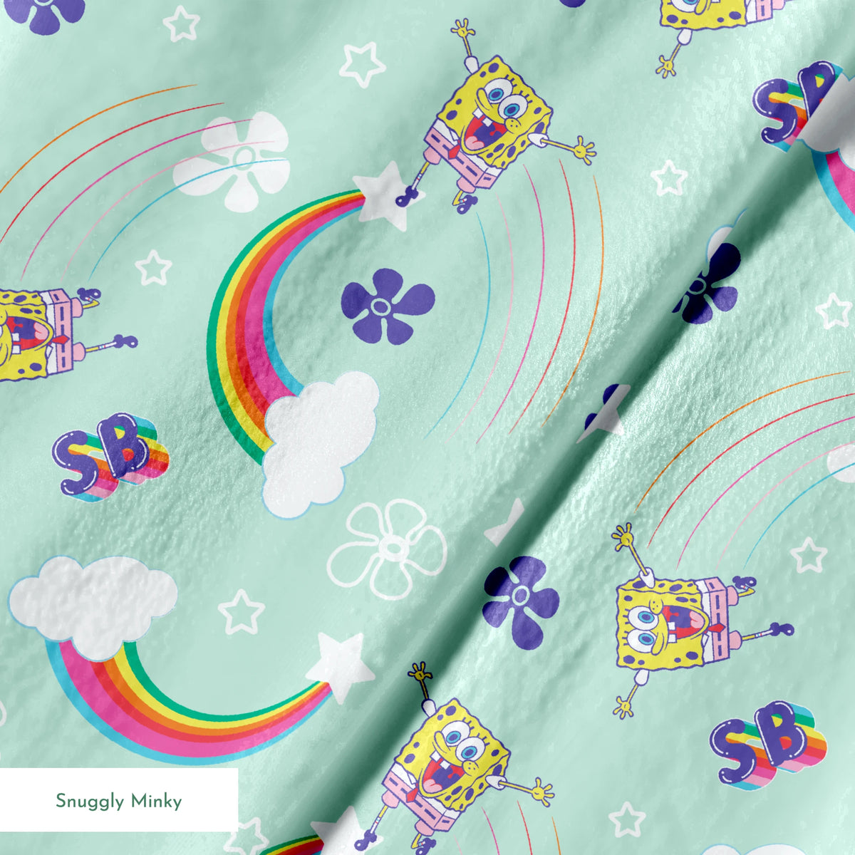 SpongeBob flying over rainbows with clouds, stars, and floral icons on a mint green background in a cheerful cartoon-style Nickelodeon design springs minky texture