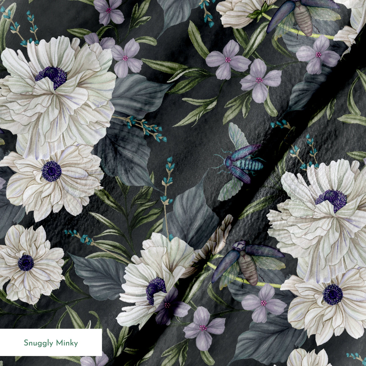 Ivory flowers with purple centers, beetles, and greenery illustrated on a dark charcoal background in a floral pattern by Nicole Tamarin. springs minky texture