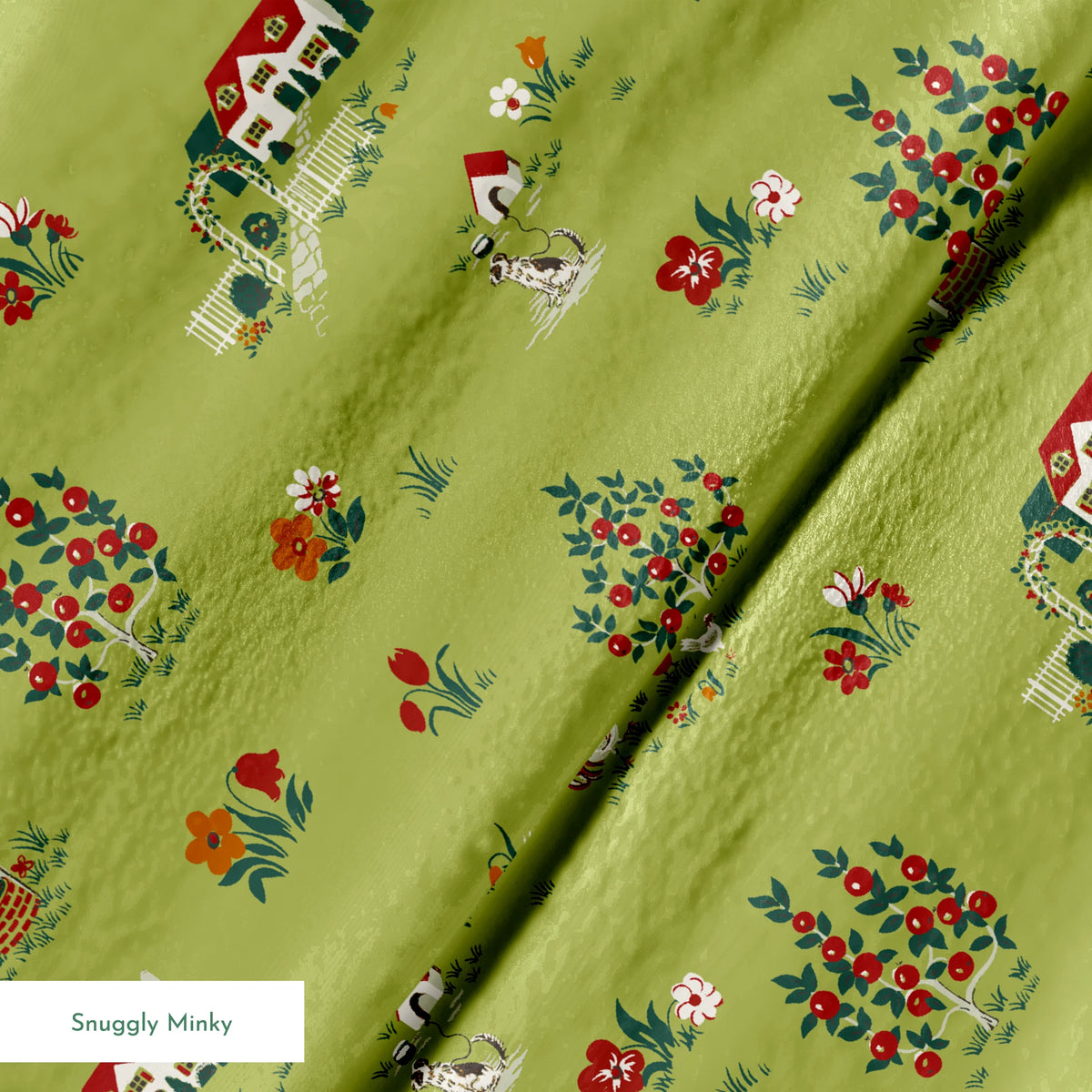 Scenic cottage garden design with vintage houses, flowers, and animals on olive green springs minky texture
