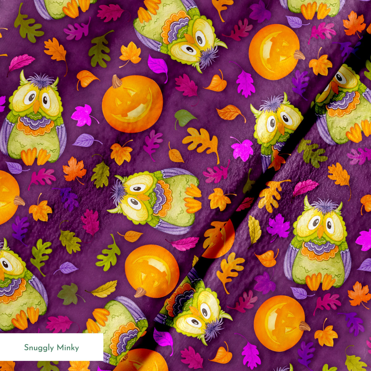 Halloween fabric by Nicole Tamarin featuring cartoon owls in costume, jack-o’-lanterns, and colorful fall leaves on a purple background. springs minky texture