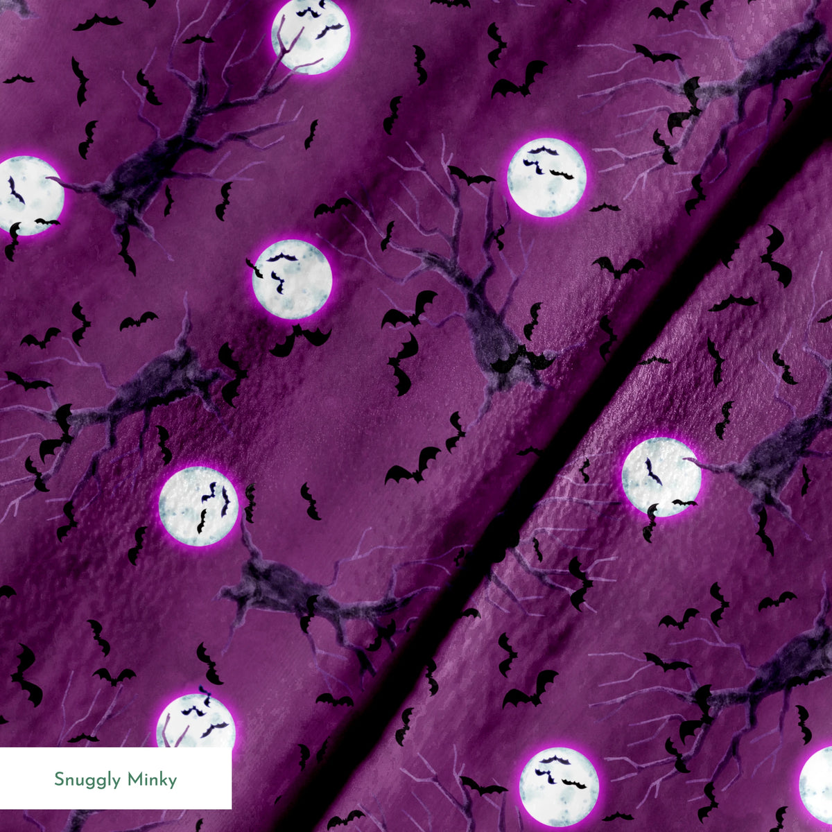 Halloween fabric design with spooky trees, bats, and glowing full moons on a purple background, illustrated by Nicole Tamarin. springs minky texture