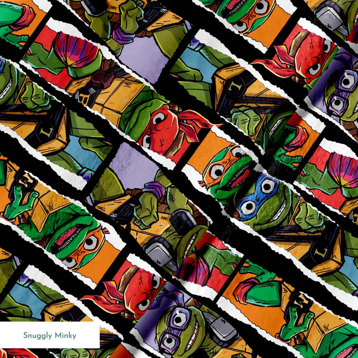 Teenage Mutant Ninja Turtles torn panel design with Leonardo, Donatello, Michelangelo, and Raphael in colorful comic-style art by Nickelodeon. springs minky texture