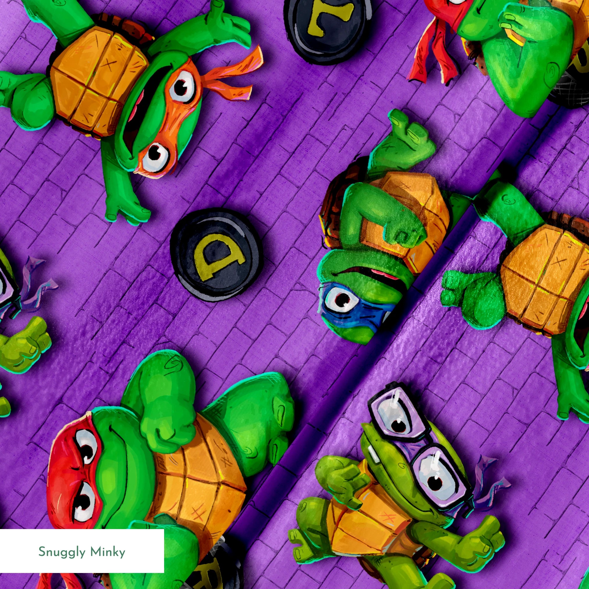 Teenage Mutant Ninja Turtles characters on a purple brick background with lettered manhole covers. springs minky texture