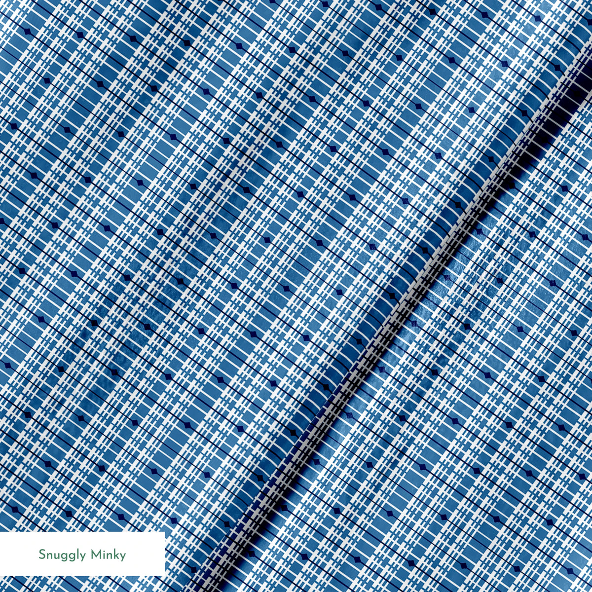 Blue and white plaid pattern with thin grid lines in various shades of blue on light background springs minky texture