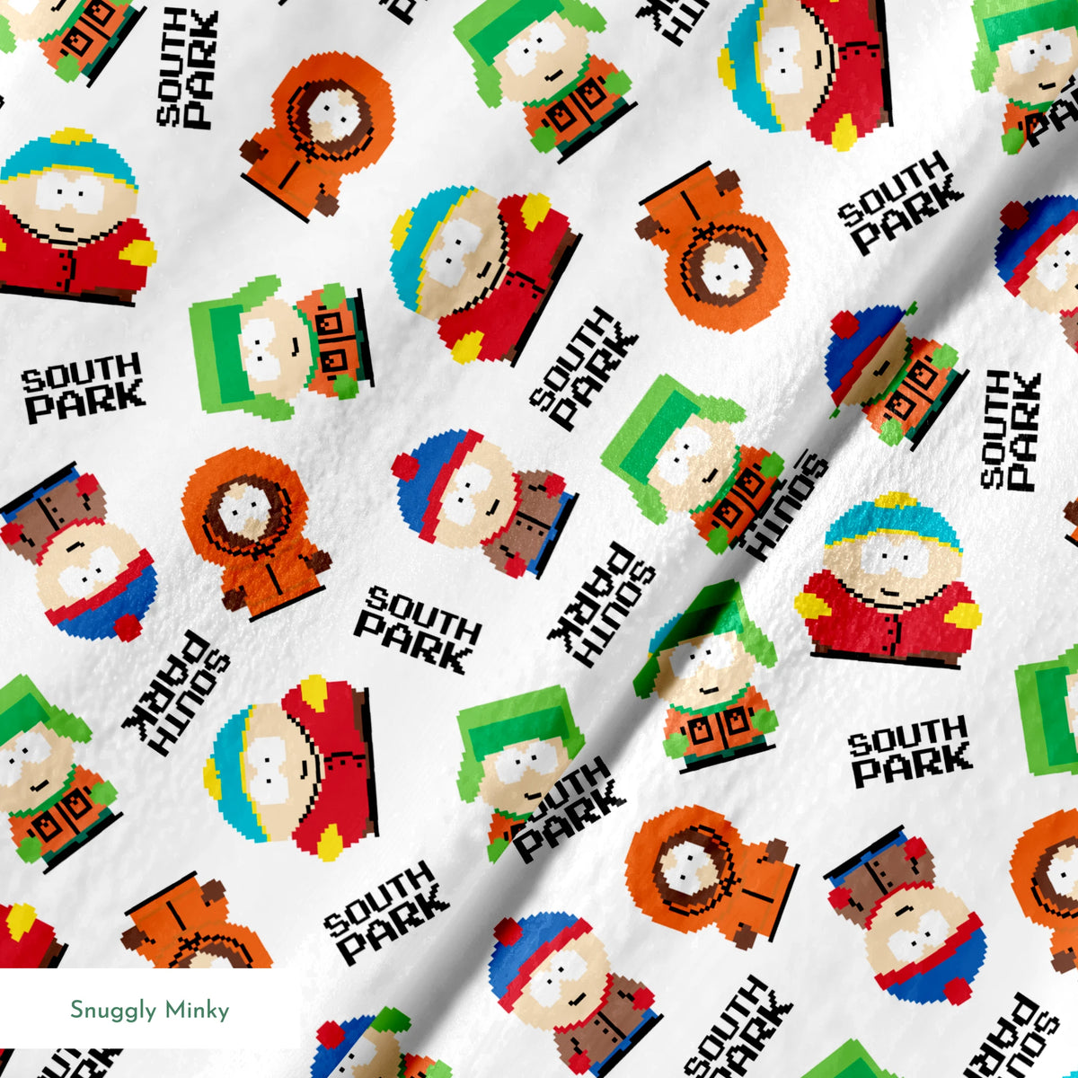 Pixel art versions of Stan, Kyle, Cartman, and Kenny with the South Park logo in black, tossed on a white background in various rotations. springs minky texture