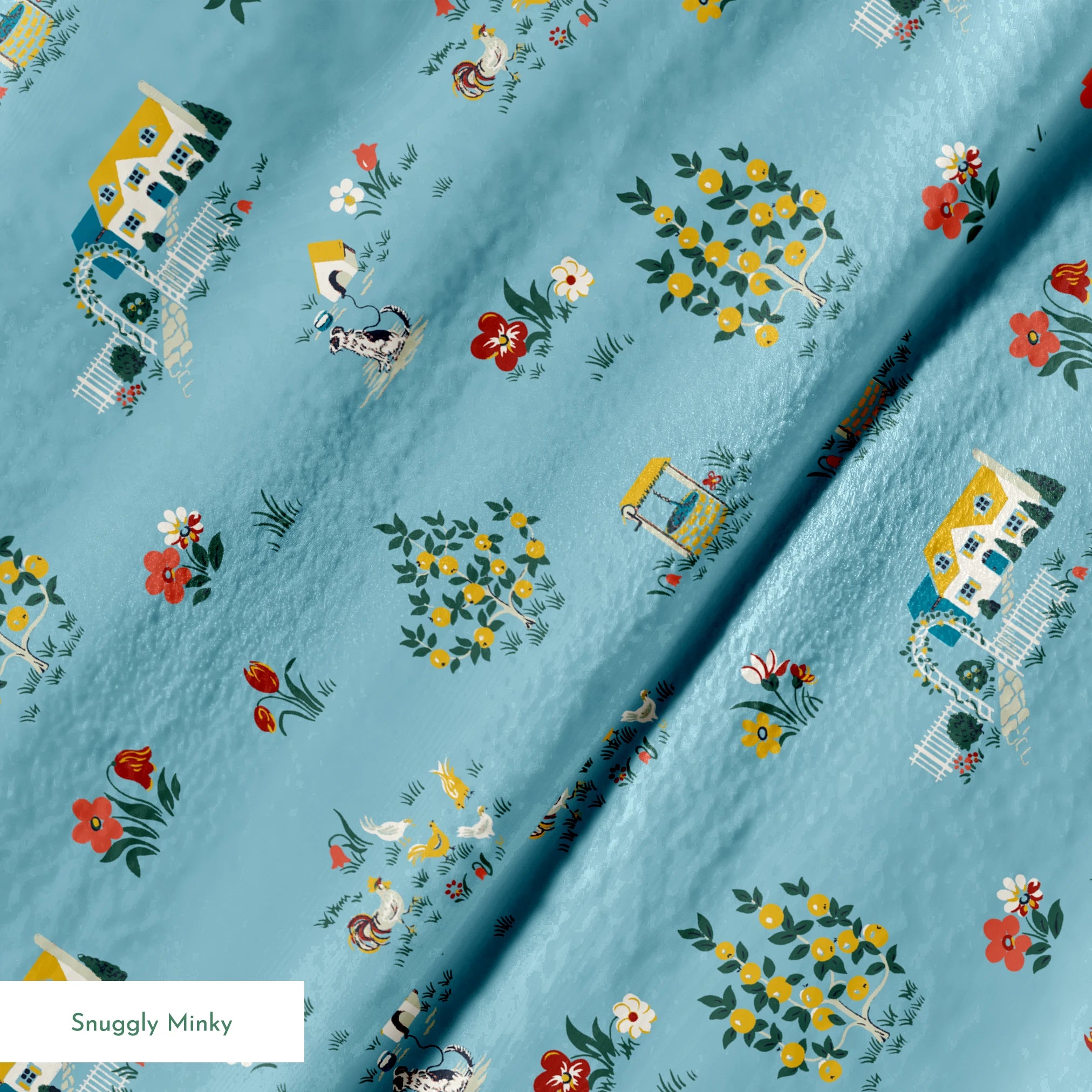 Blue-gray background with repeating folk art pattern of small cottages, white geese, floral clusters, and colorful tulips in yellow and red. springs minky texture
