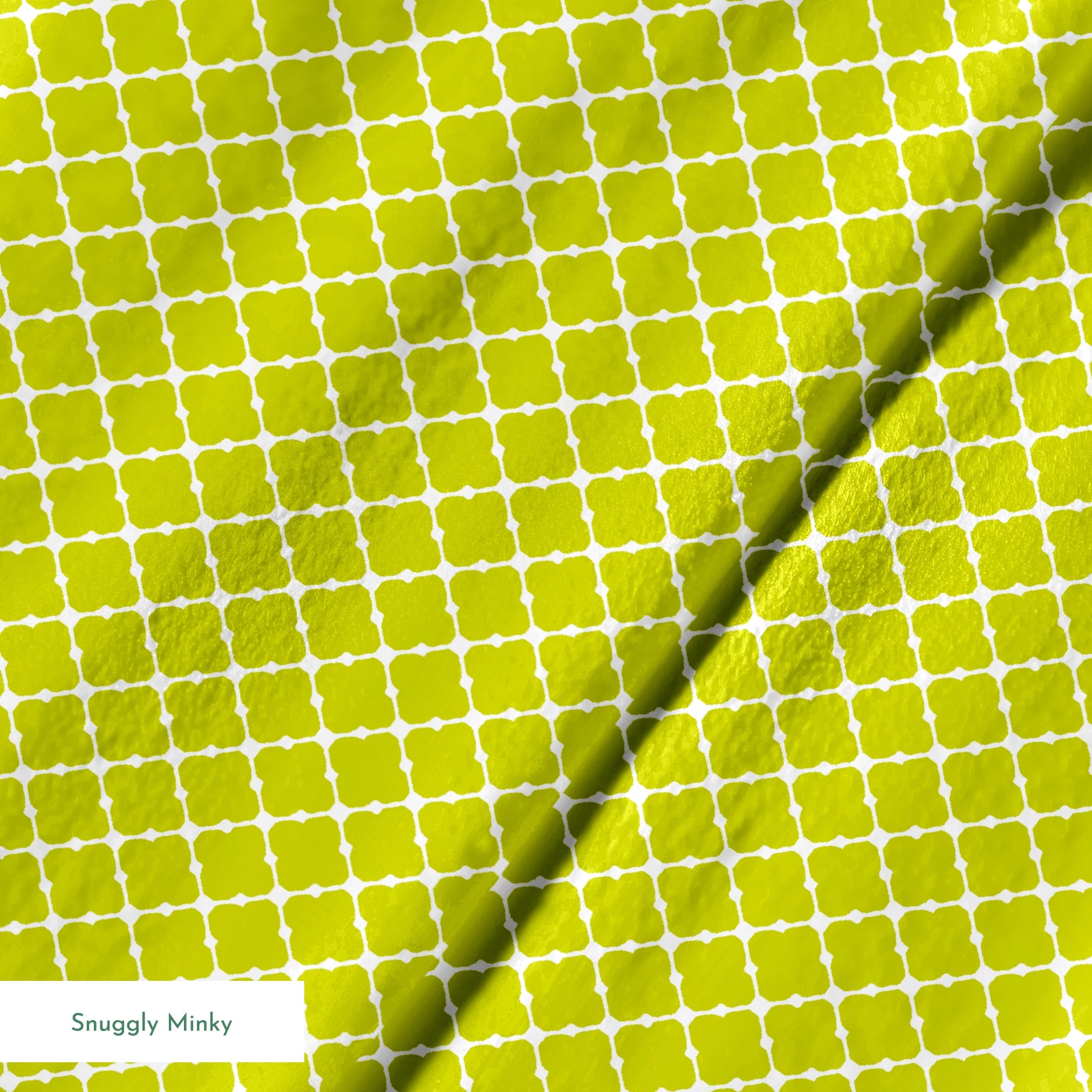Chartreuse green quatrefoil pattern on white background, forming a geometric lattice design springs minky texture
