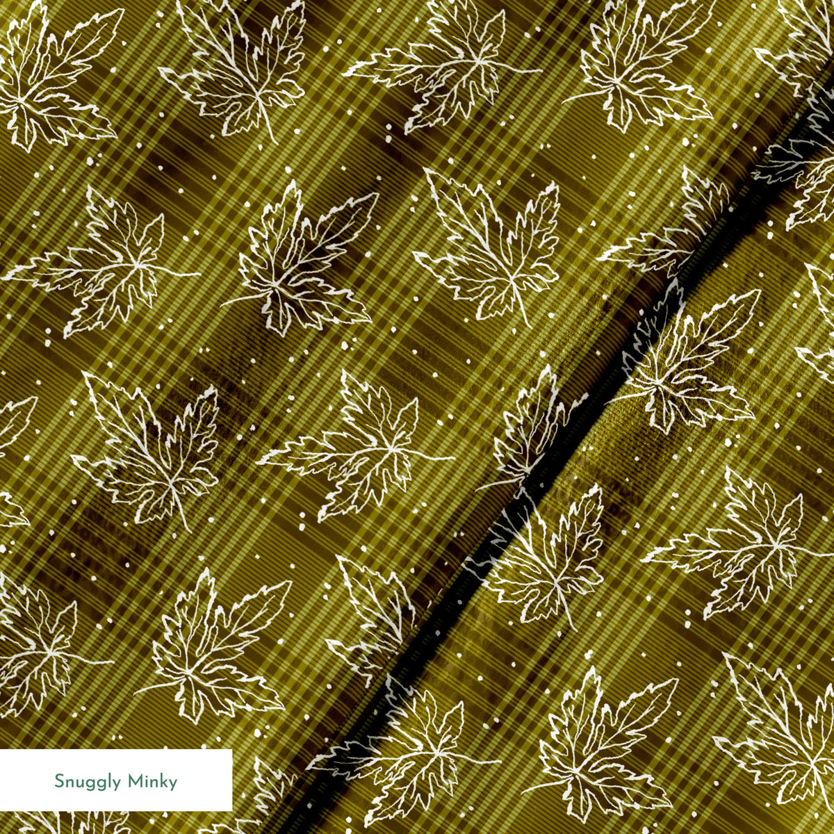 Olive green plaid pattern with scattered white outline maple leaves and small dots springs minky texture