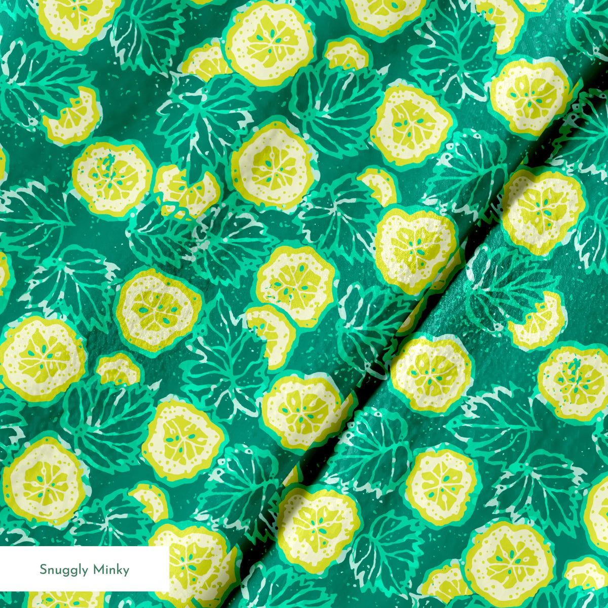 Vibrant green background with yellow cucumber slices and light green leafy patterns springs minky texture