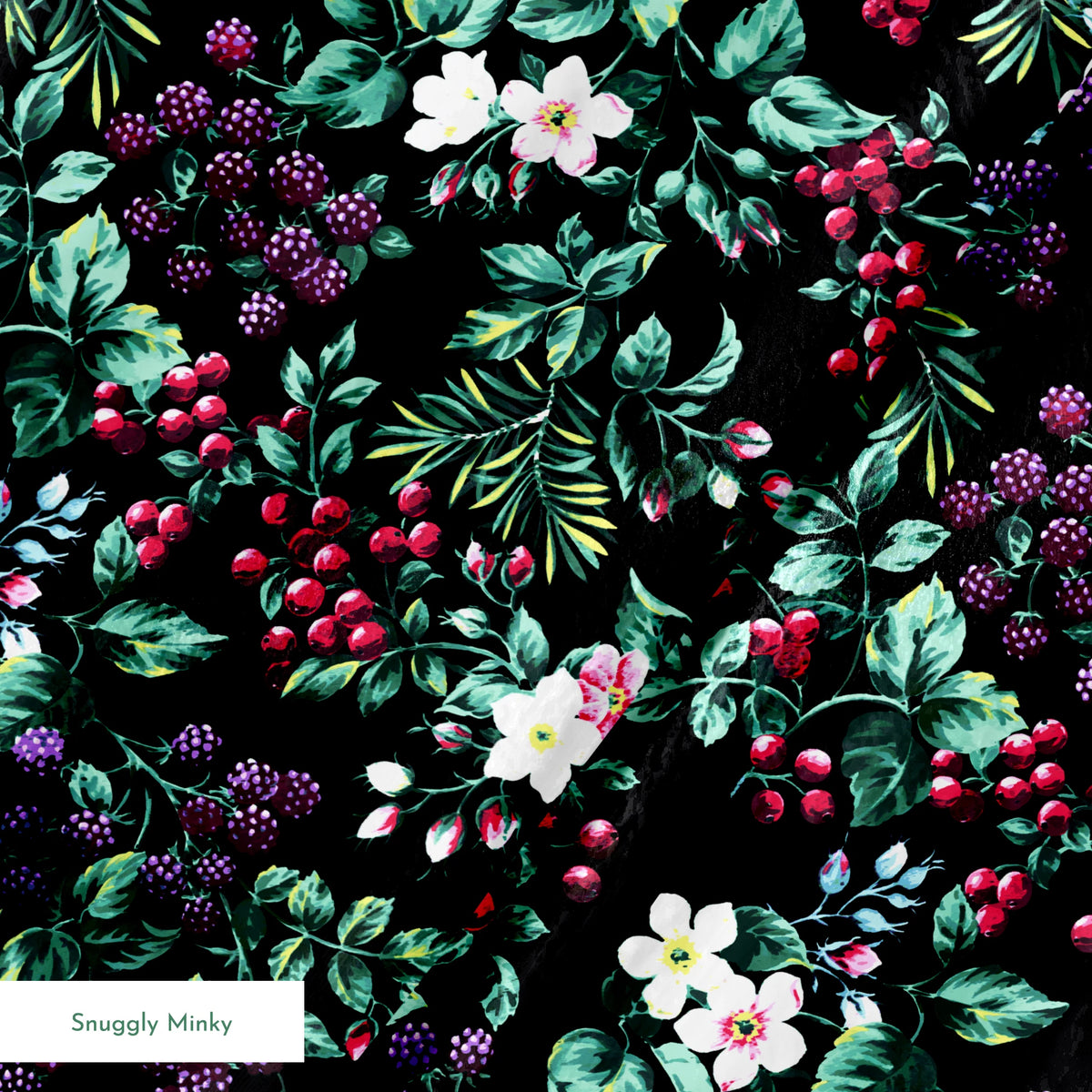 Colorful botanical pattern with white flowers, red cherries, purple blackberries, and green leaves on black background springs minky texture