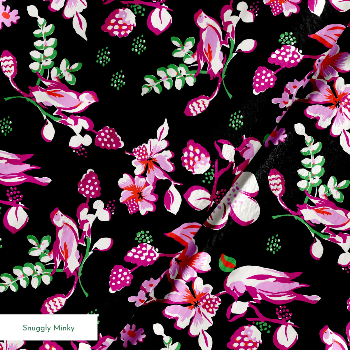 Vibrant pink birds and flowers pattern on black background with strawberry accents springs minky texture