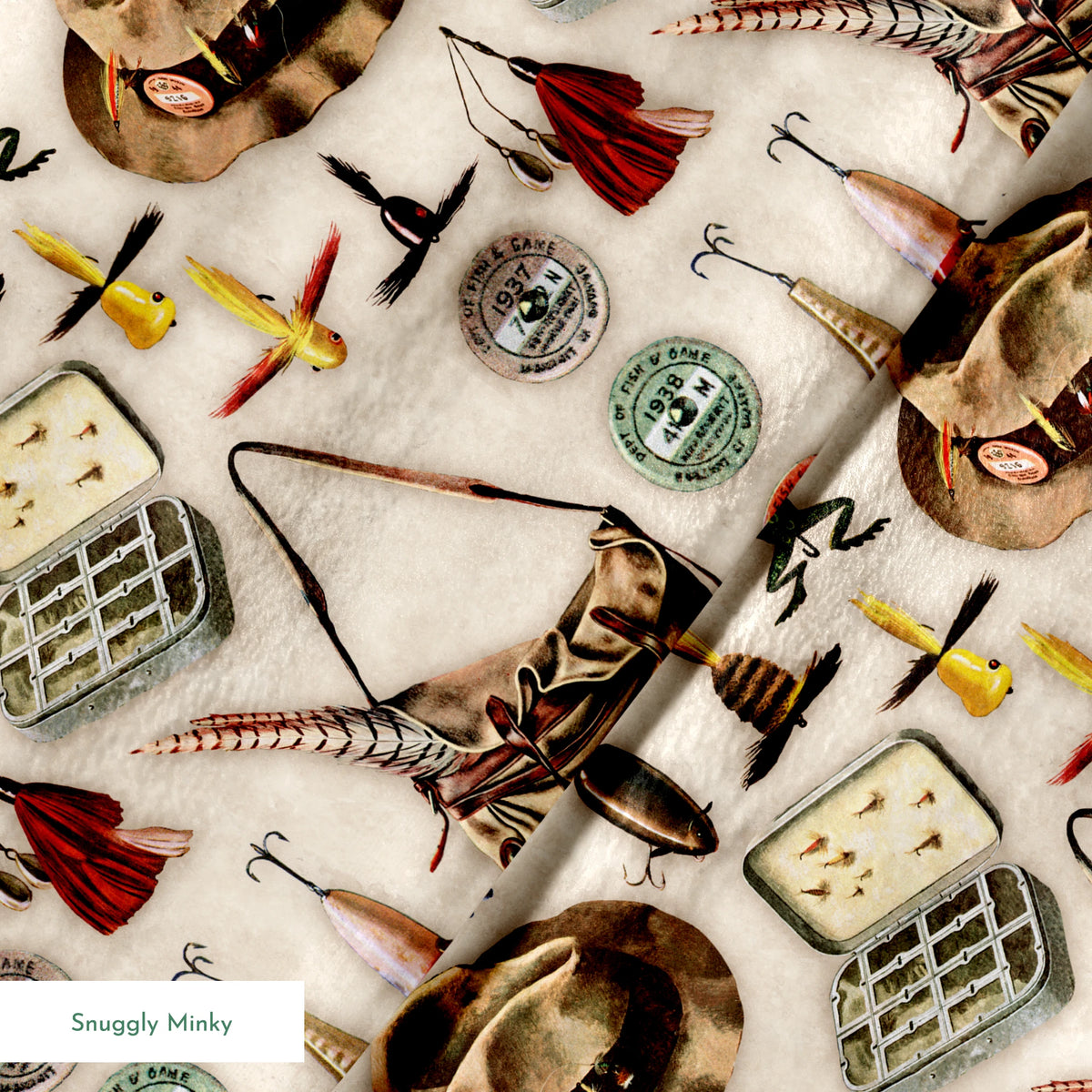 Vintage fishing gear illustration with tackle box, hat, lures, reels, and canvas bag on beige background springs minky texture