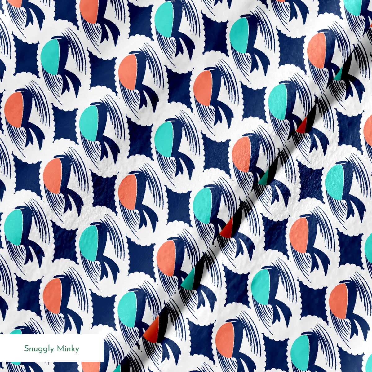 Abstract pattern with repeating mint green and coral circular shapes on navy background with white brushstroke details springs minky texture