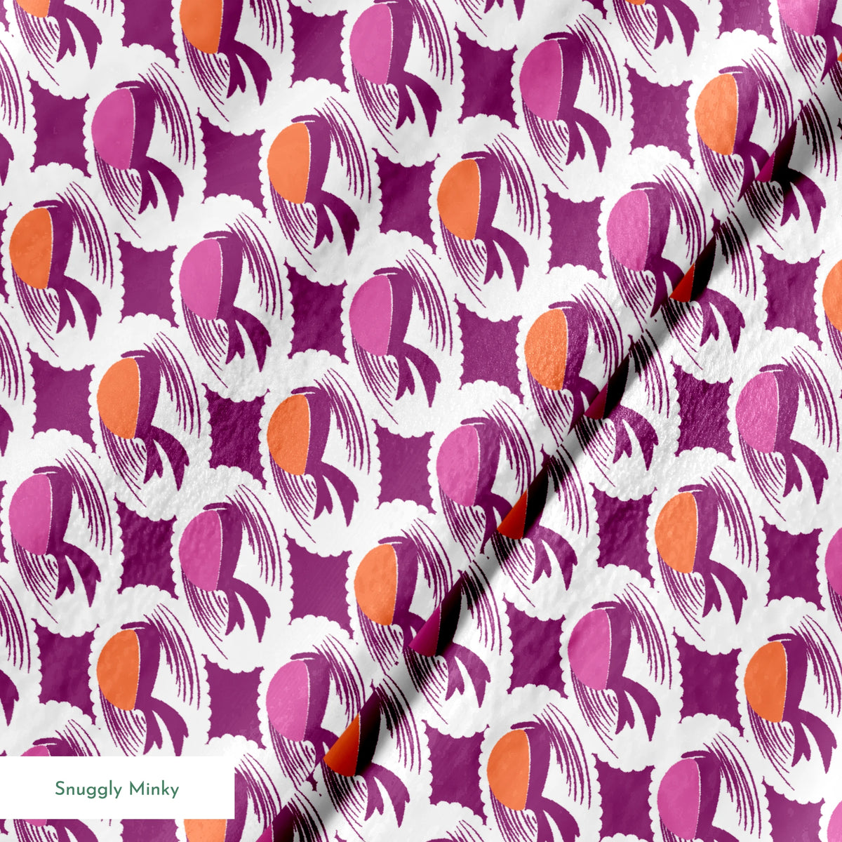 Abstract pattern with purple and orange oval shapes with flowing brush strokes on white background springs minky texture