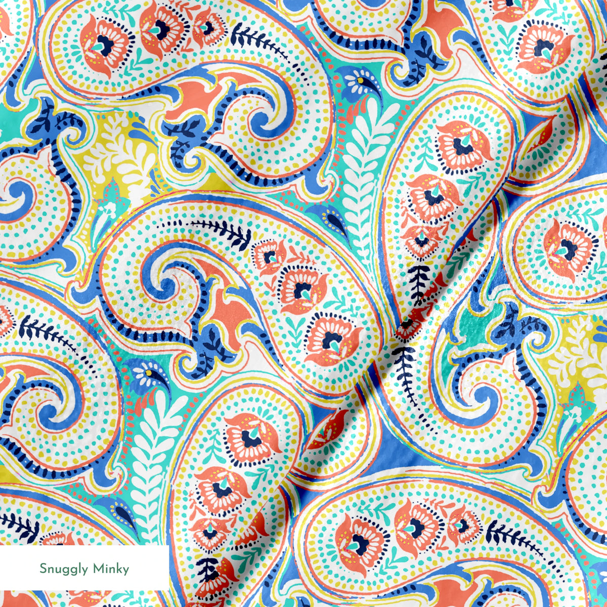 Vibrant blue, yellow and red paisley pattern with swirling decorative motifs and curved shapes springs minky texture