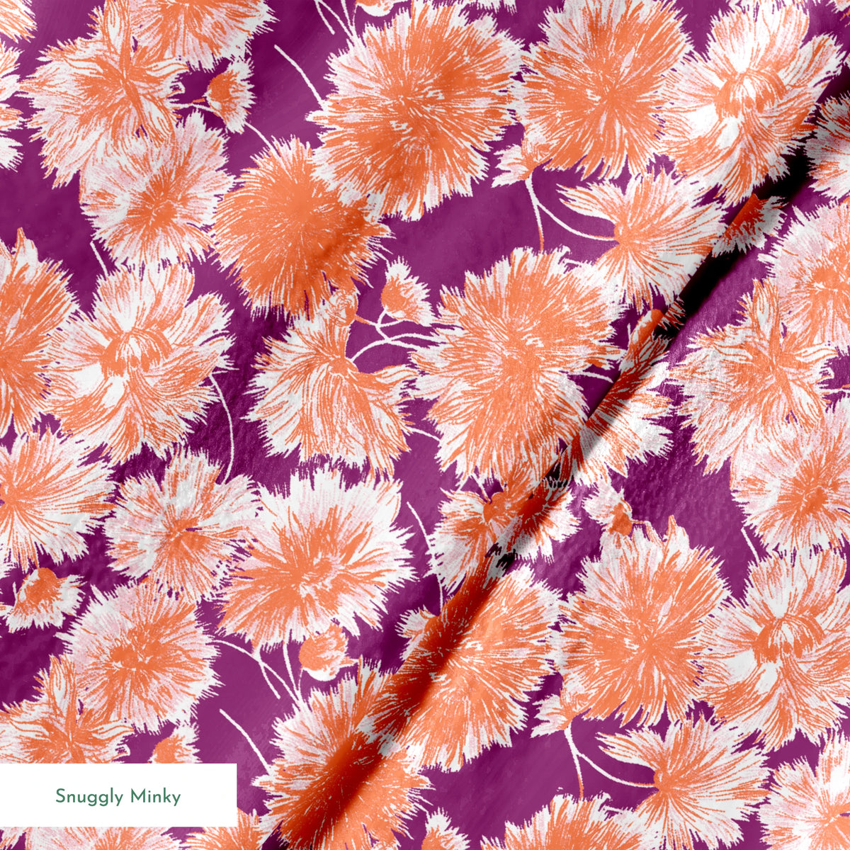 Vibrant floral pattern with orange and white chrysanthemum-like blooms on deep purple background springs minky texture