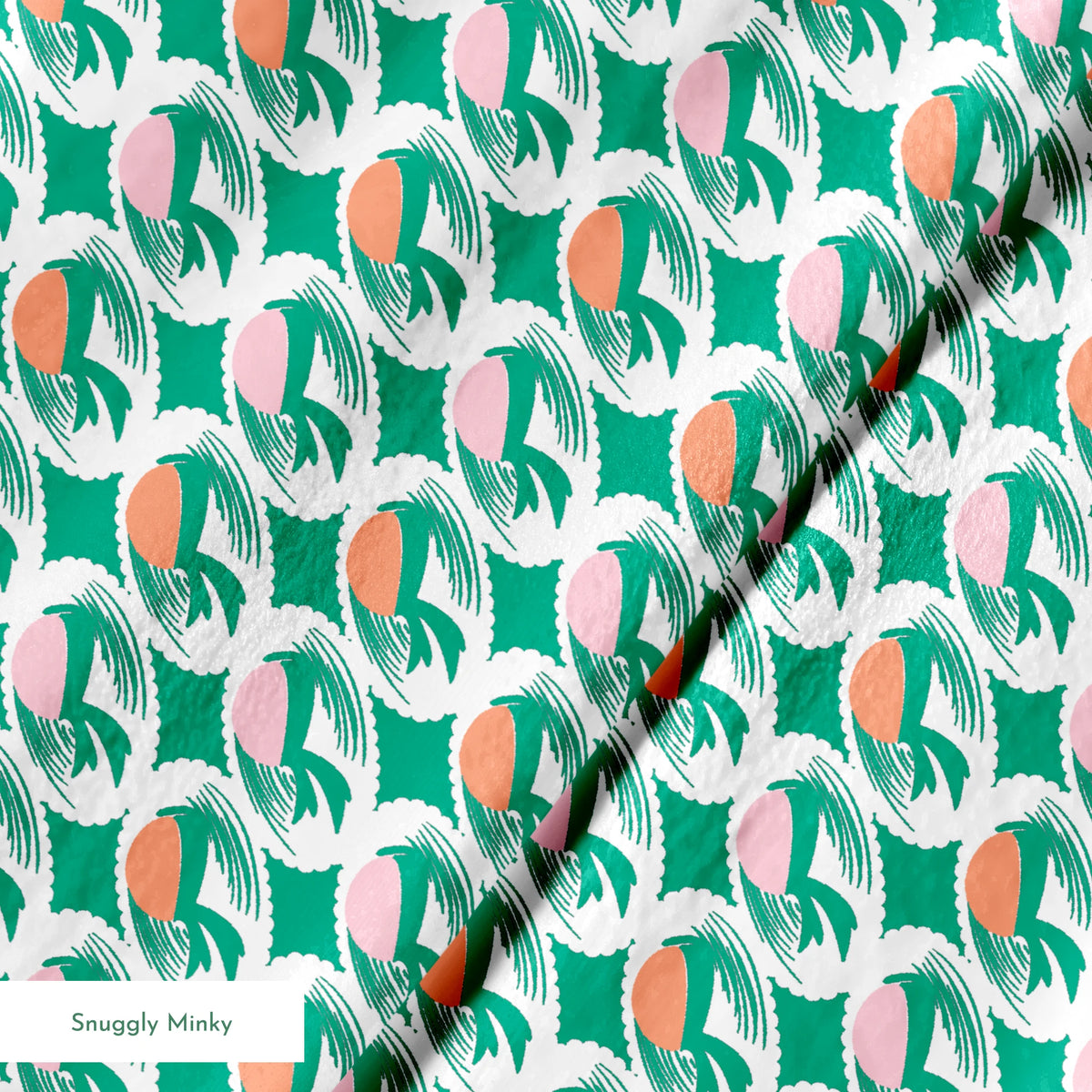 Abstract pattern with pink and orange oval shapes on green brushstroke backgrounds springs minky texture