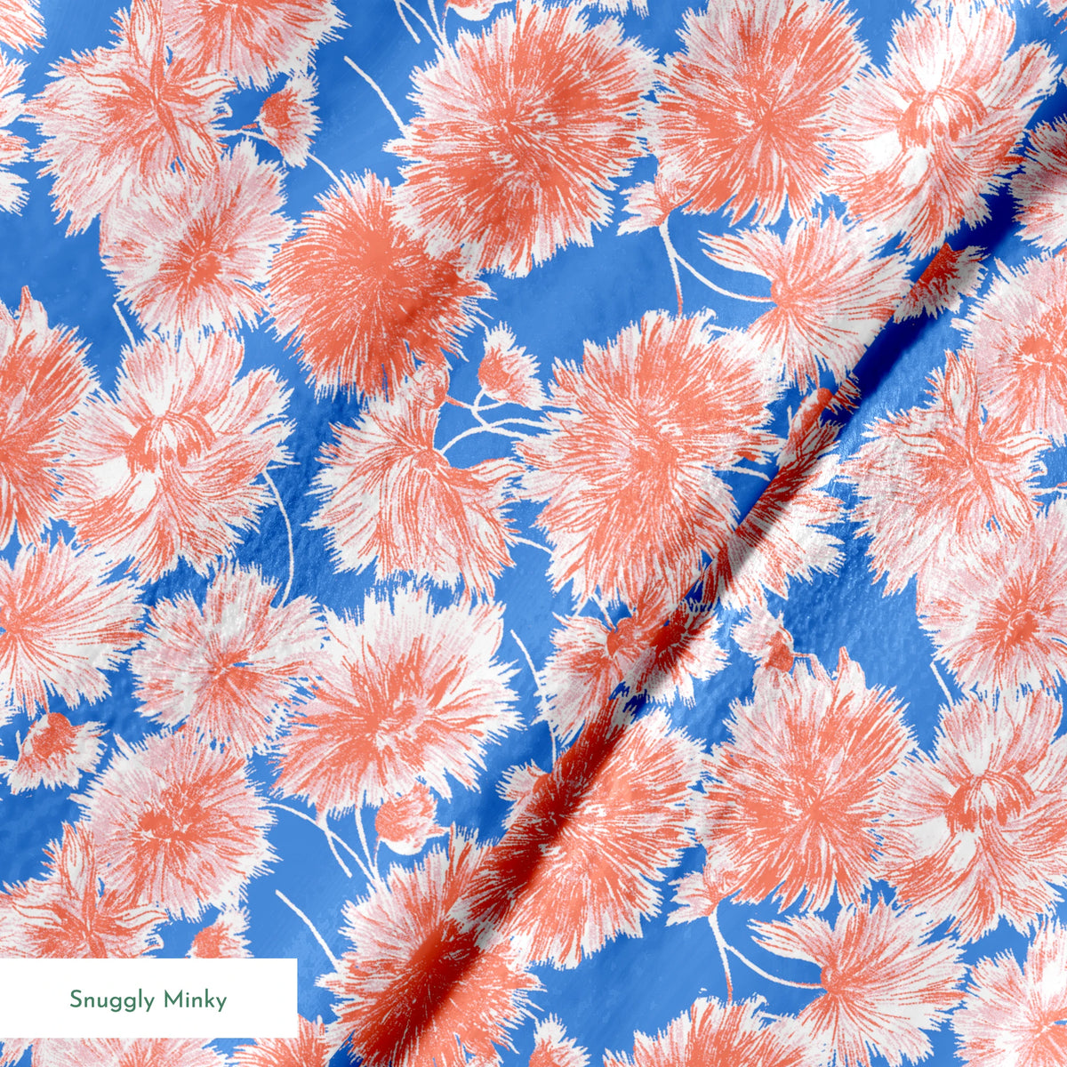 Coral pink floral pattern of chrysanthemums or dahlias on bright blue background springs minky texture
