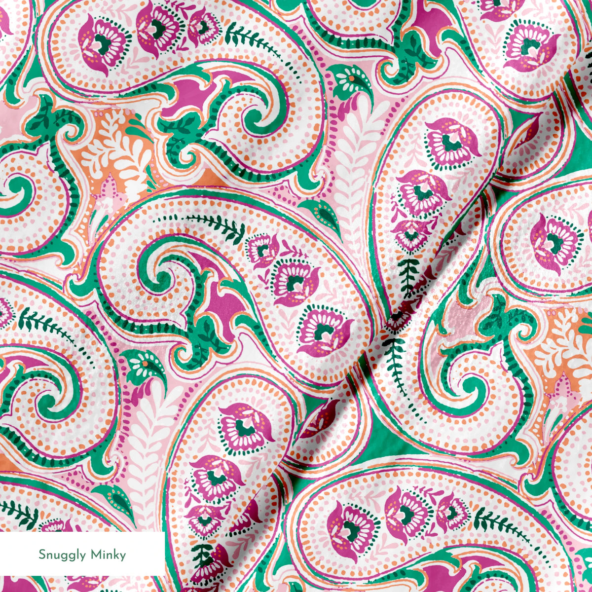 Colorful paisley pattern with swirling teardrop shapes in pink, green, and orange on light background springs minky texture
