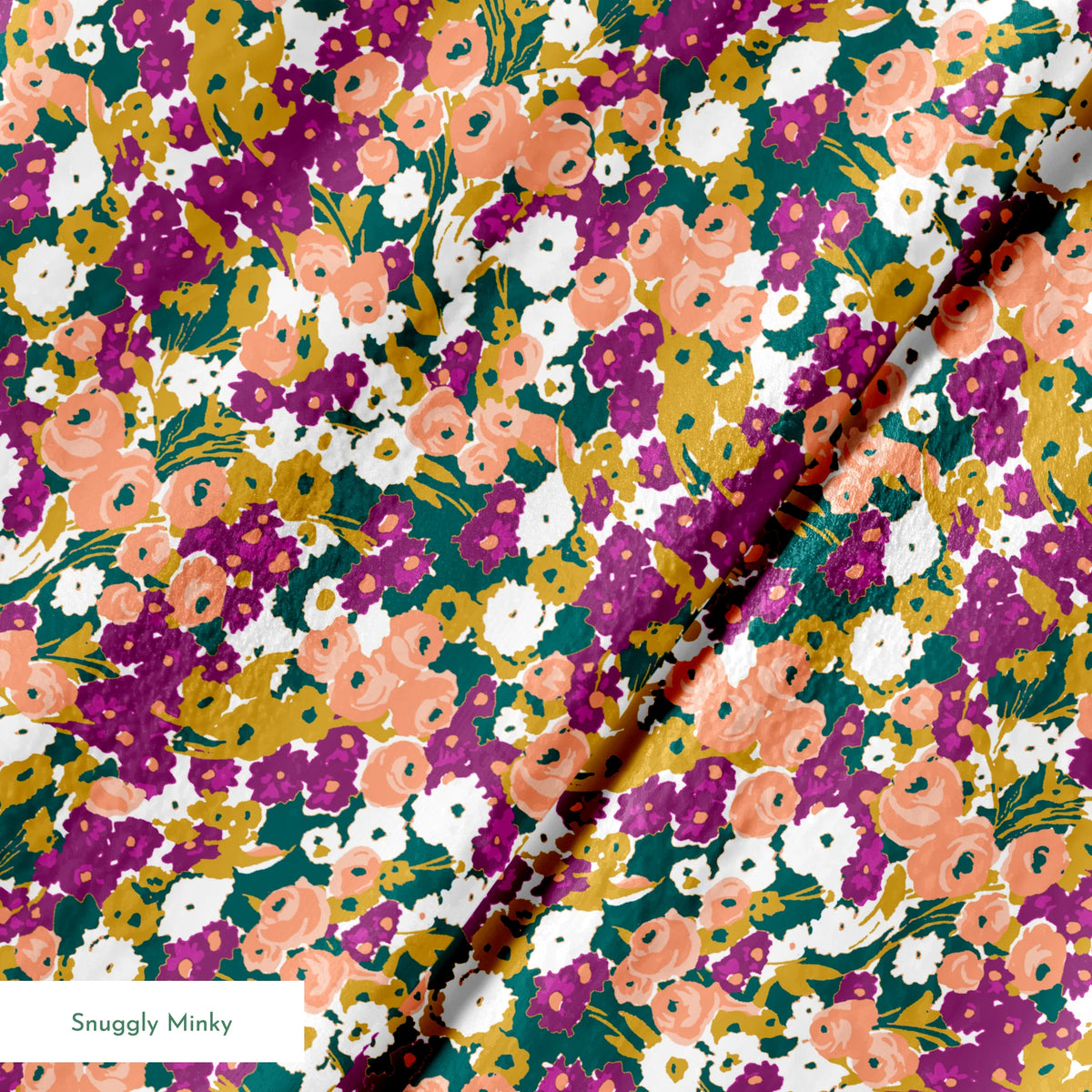 Vibrant floral pattern with peach, purple, white, and gold blooms against dark green foliage springs minky texture