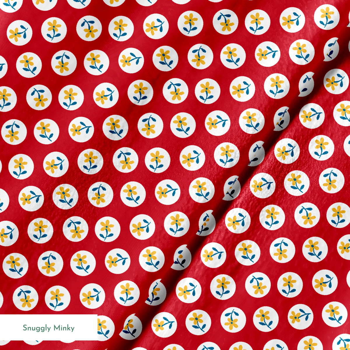 Yellow flowers with blue stems on white circles against red background in repeating pattern springs minky texture