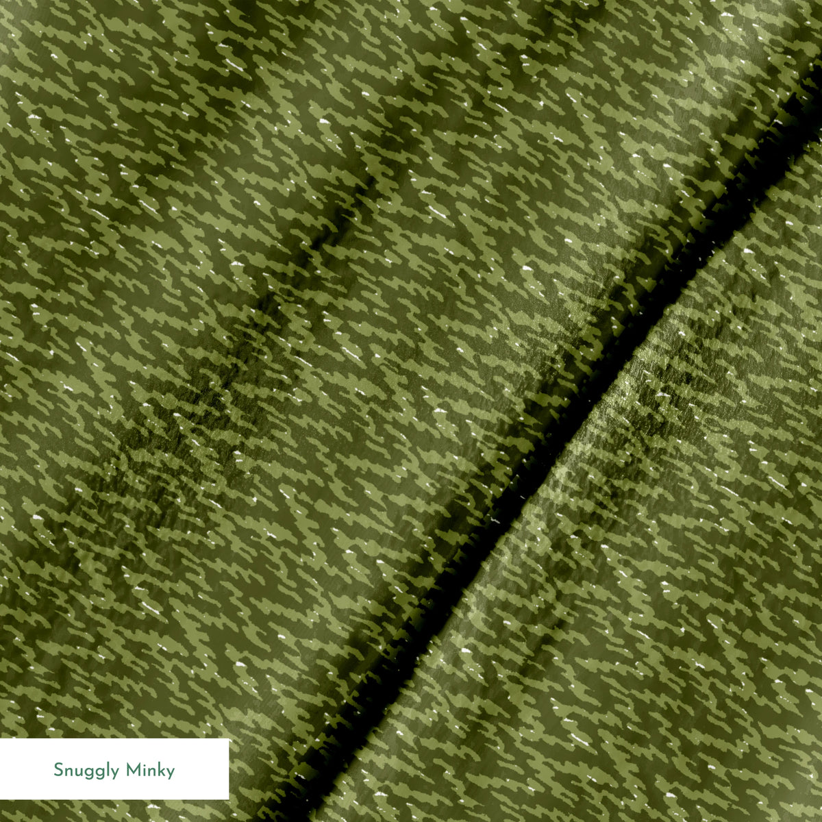 Military camouflage pattern in various shades of olive green with irregular vertical stripes springs minky texture