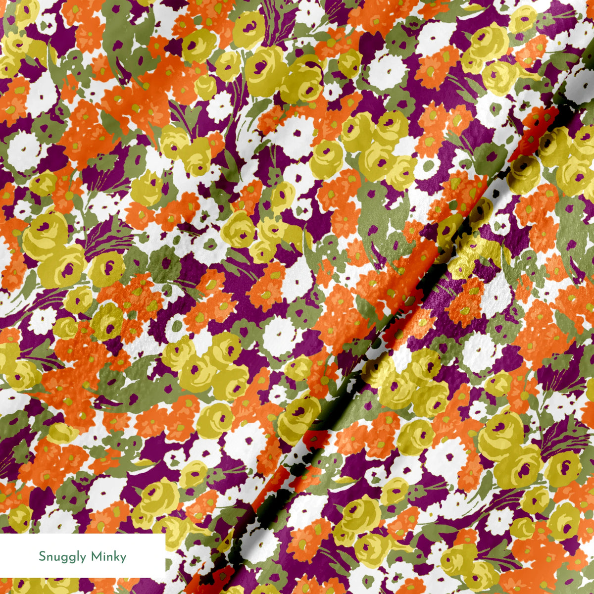 Vibrant floral pattern with white, orange, yellow, green, and purple abstract blooms springs minky texture