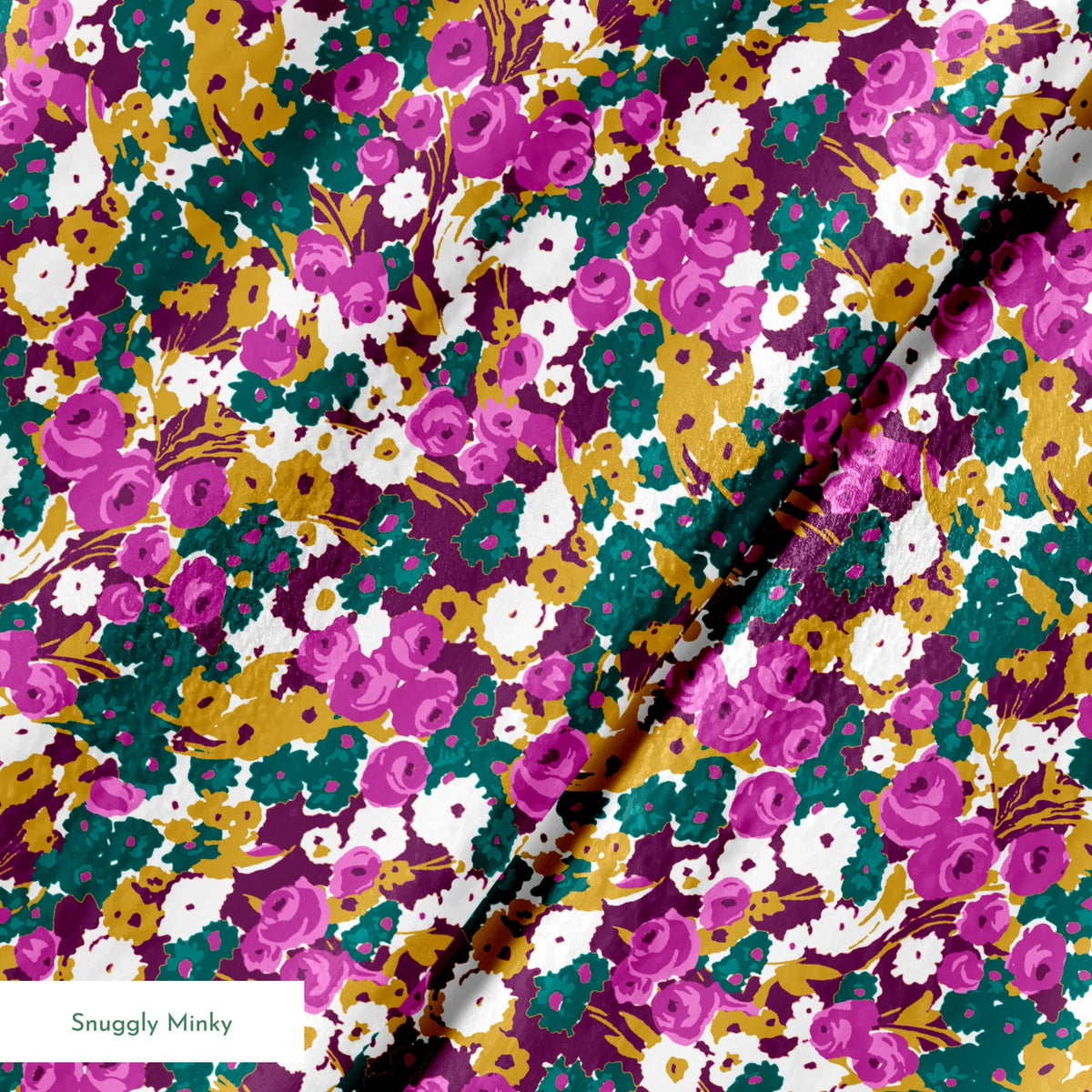 Vibrant floral pattern with purple, white, and gold flowers on teal background springs minky texture