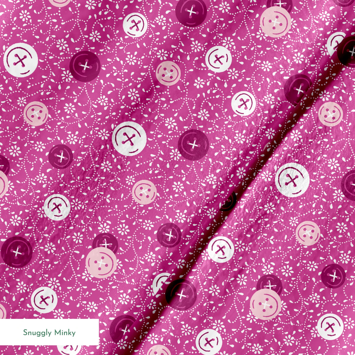 Magenta background with white floral pattern and buttons scattered throughout springs minky texture
