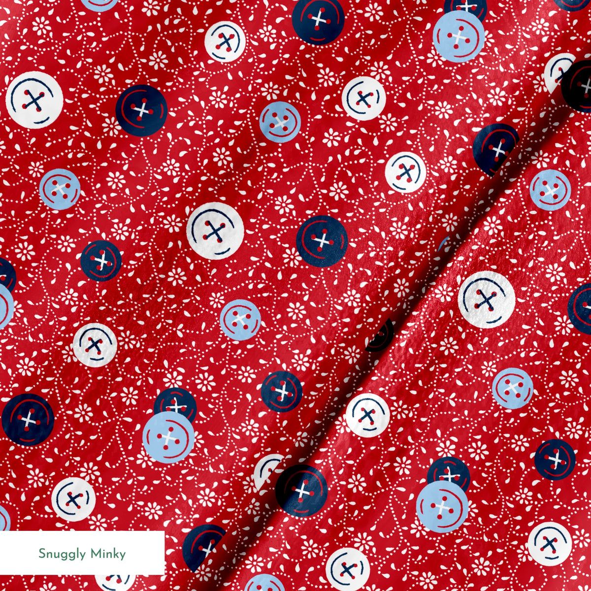 Red background with small white floral pattern featuring scattered button designs in blue, white, and navy cross details springs minky texture