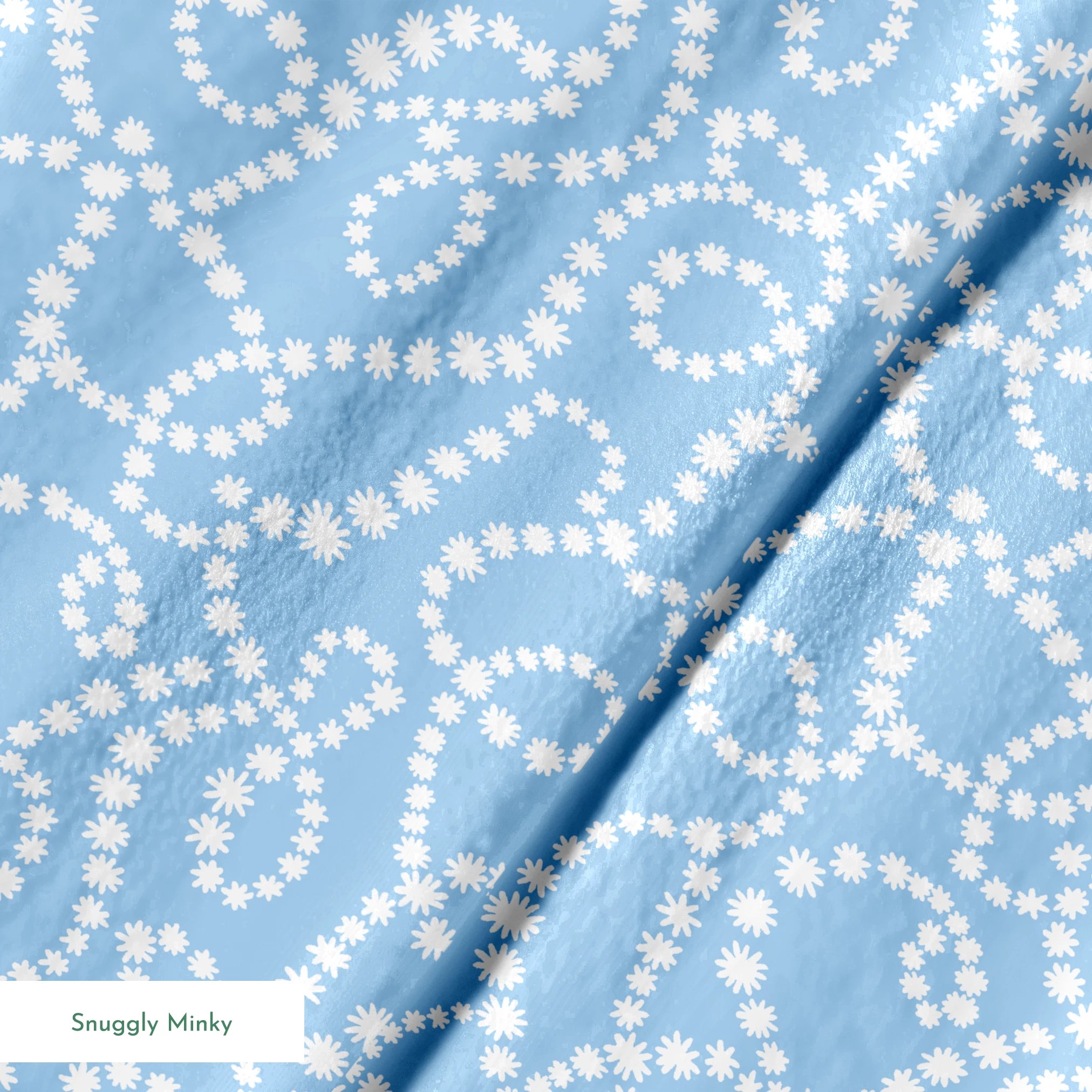 Pale blue background with white dotted swirling pattern resembling strings of pearls or bubbles in abstract curves springs minky texture