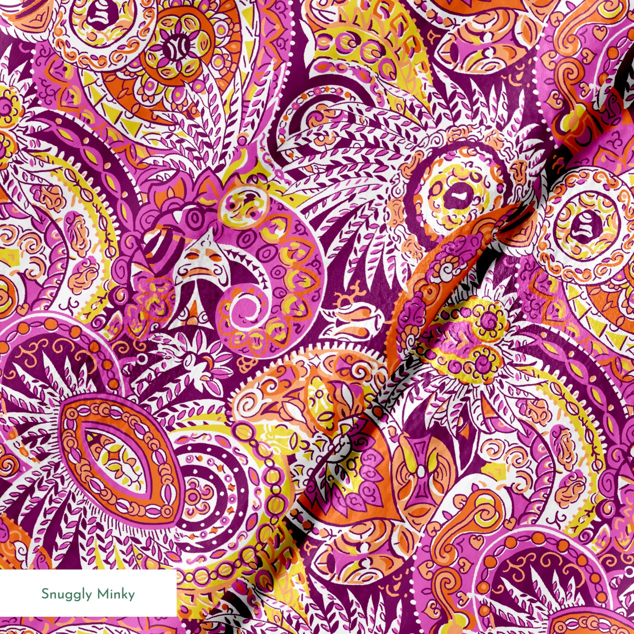 Vibrant paisley pattern with swirling shapes in purple, orange, pink, and yellow tones springs minky texture