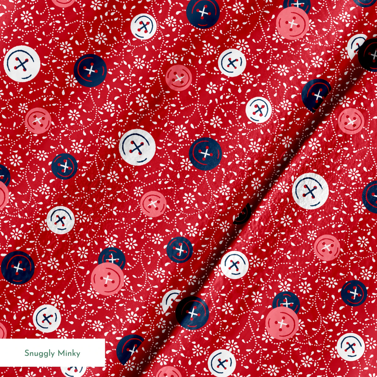 Red background with scattered buttons in white, blue, and coral colors featuring sewing motifs and small floral patterns springs minky texture