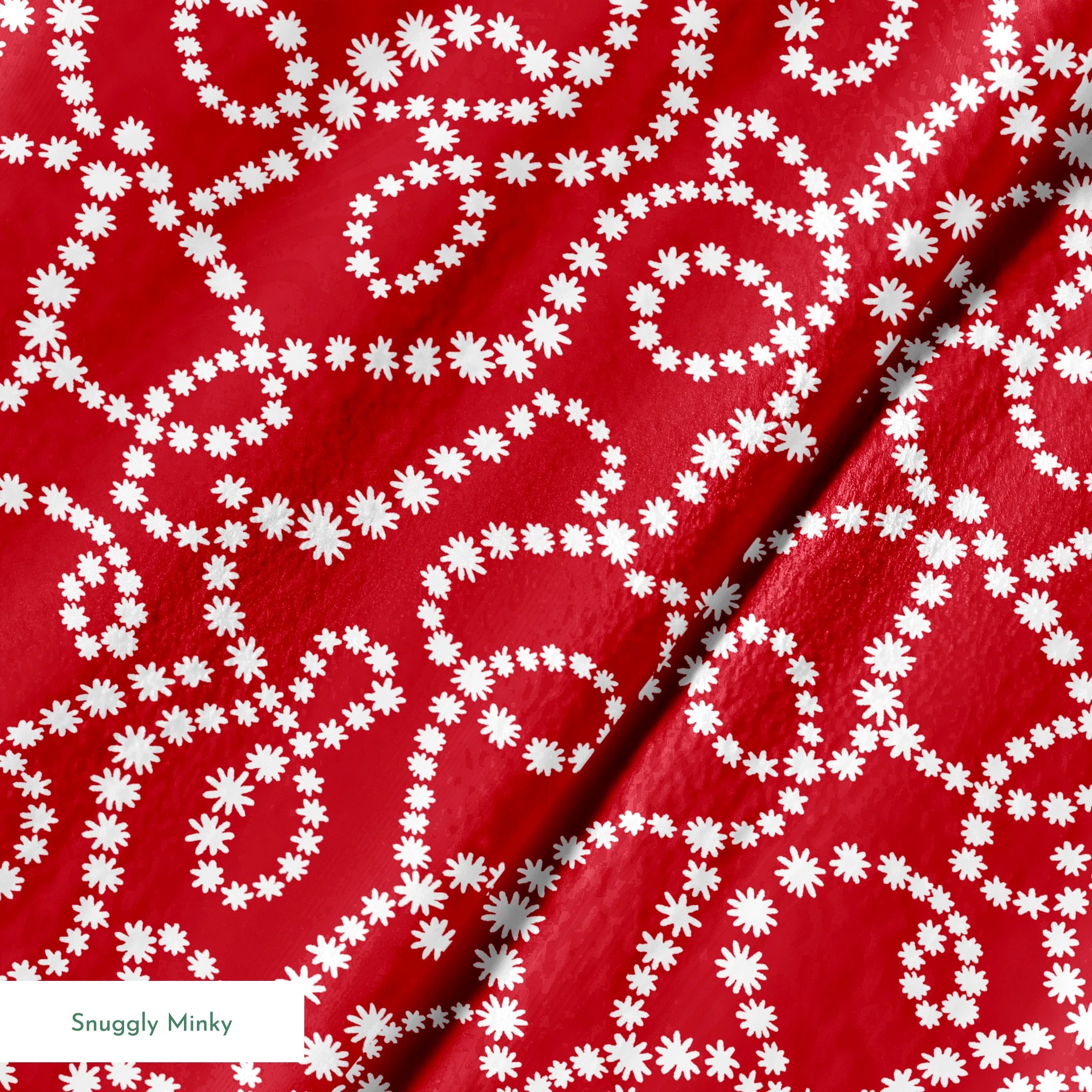 White dotted swirl pattern on rich red background creating decorative curving lines springs minky texture