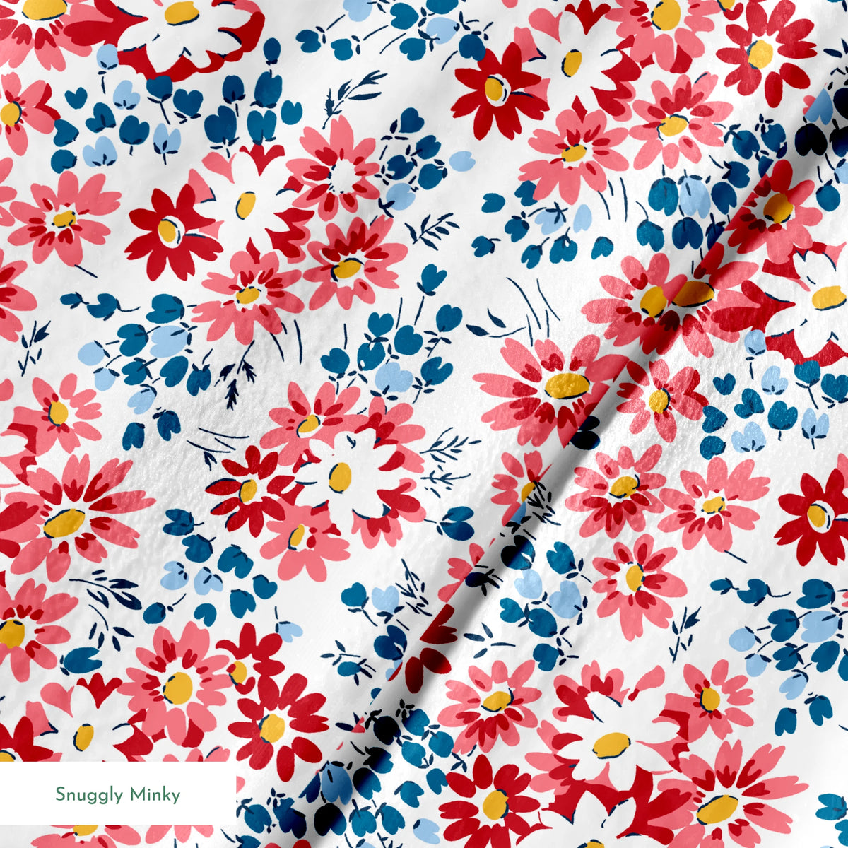 Colorful floral pattern with coral, red, and white daisies with yellow centers and teal leaves springs minky texture