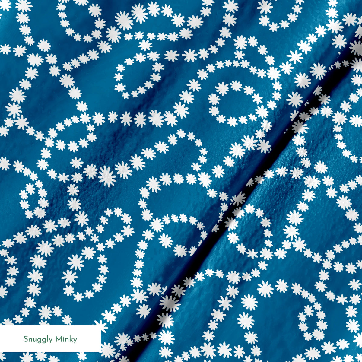 Dotted white swirling patterns on deep teal blue background creating abstract curved designs springs minky texture