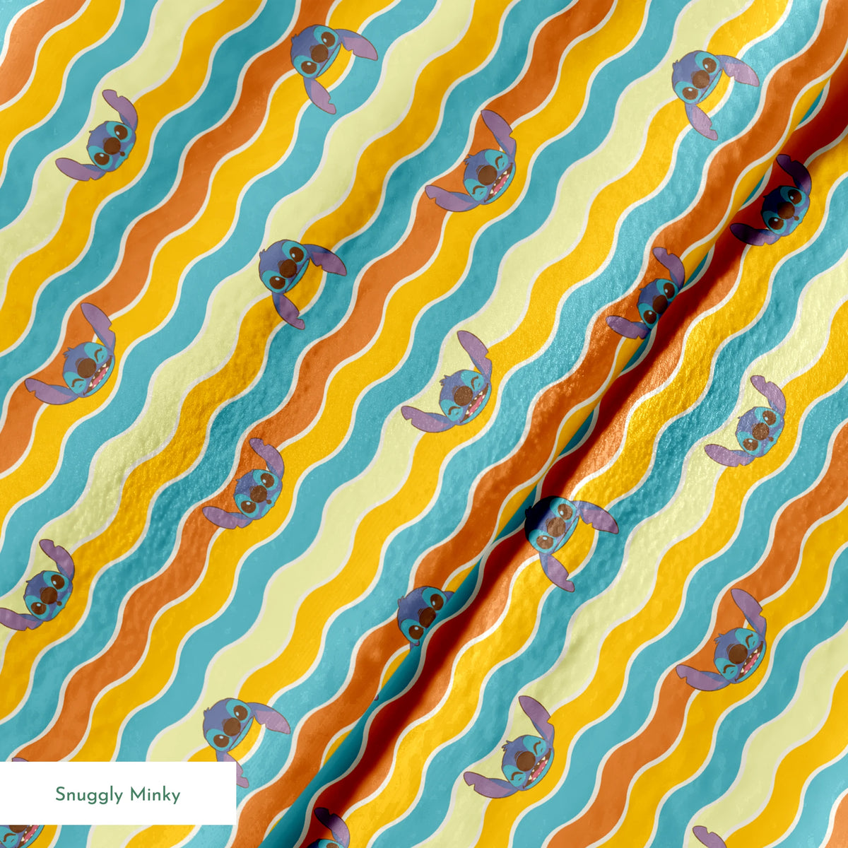 Colorful wavy striped pattern with Stitch peeking between orange, yellow, and teal waves springs minky texture