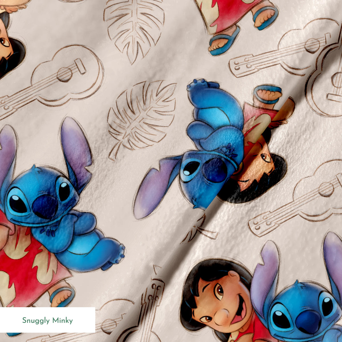 Lilo and Stitch fabric with leaf and guitar pattern background springs minky texture