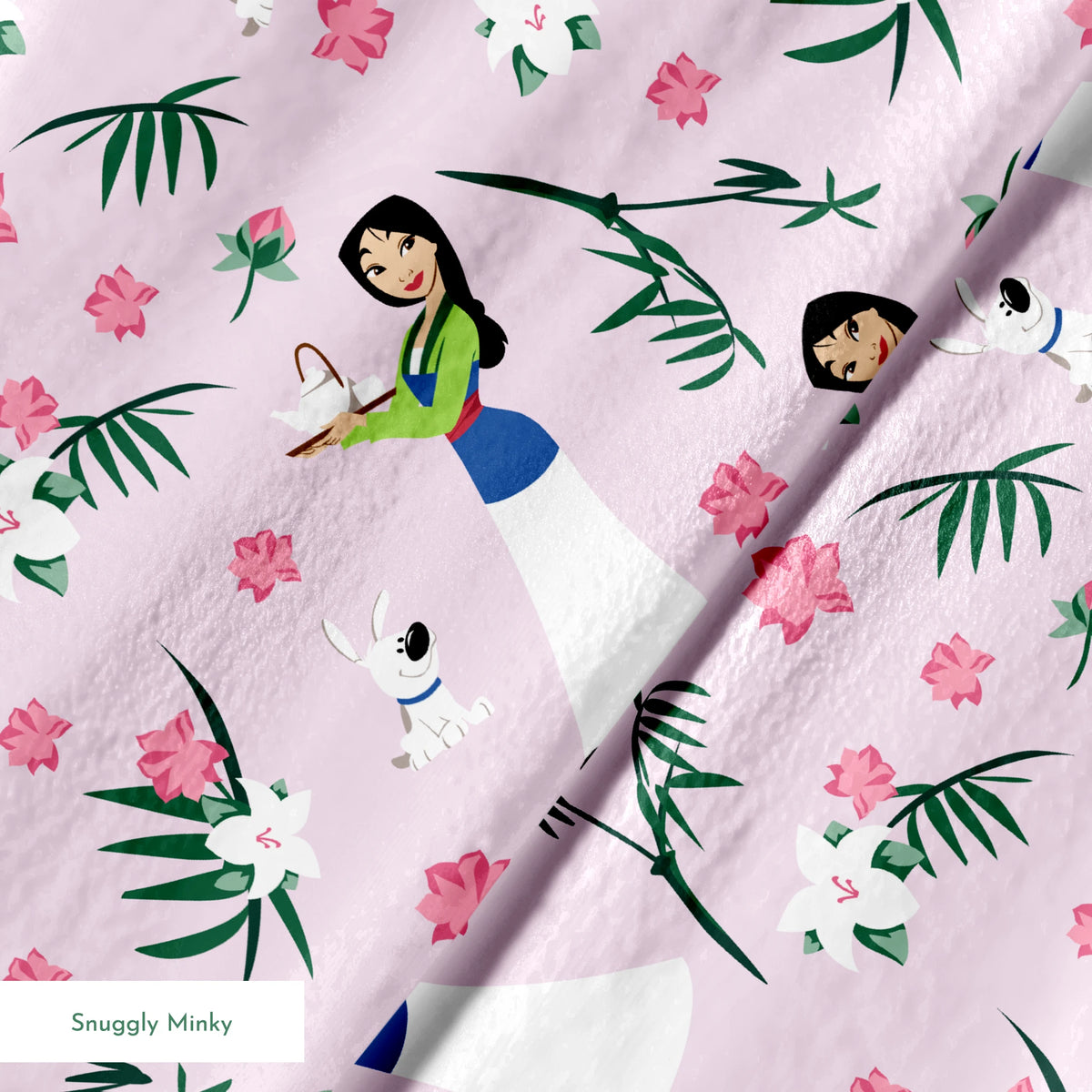 Illustrated pattern on light purple background with cartoon figures in white dresses, pink flowers, green palm leaves, and white rabbits. springs minky texture