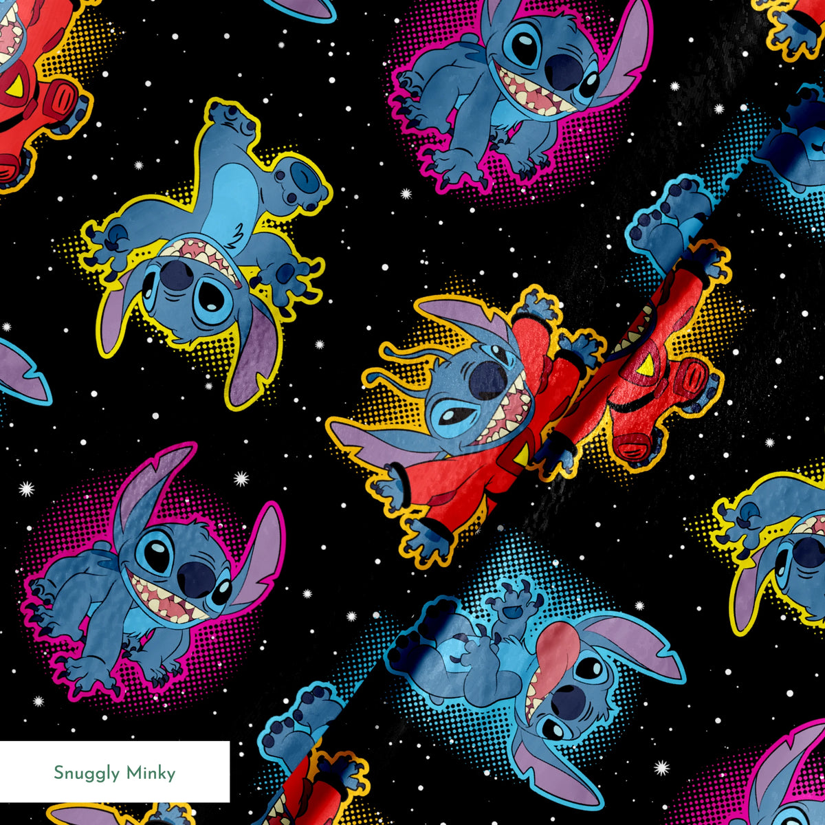 Colorful Stitch with pink accents on black starry background pattern springs minky texture