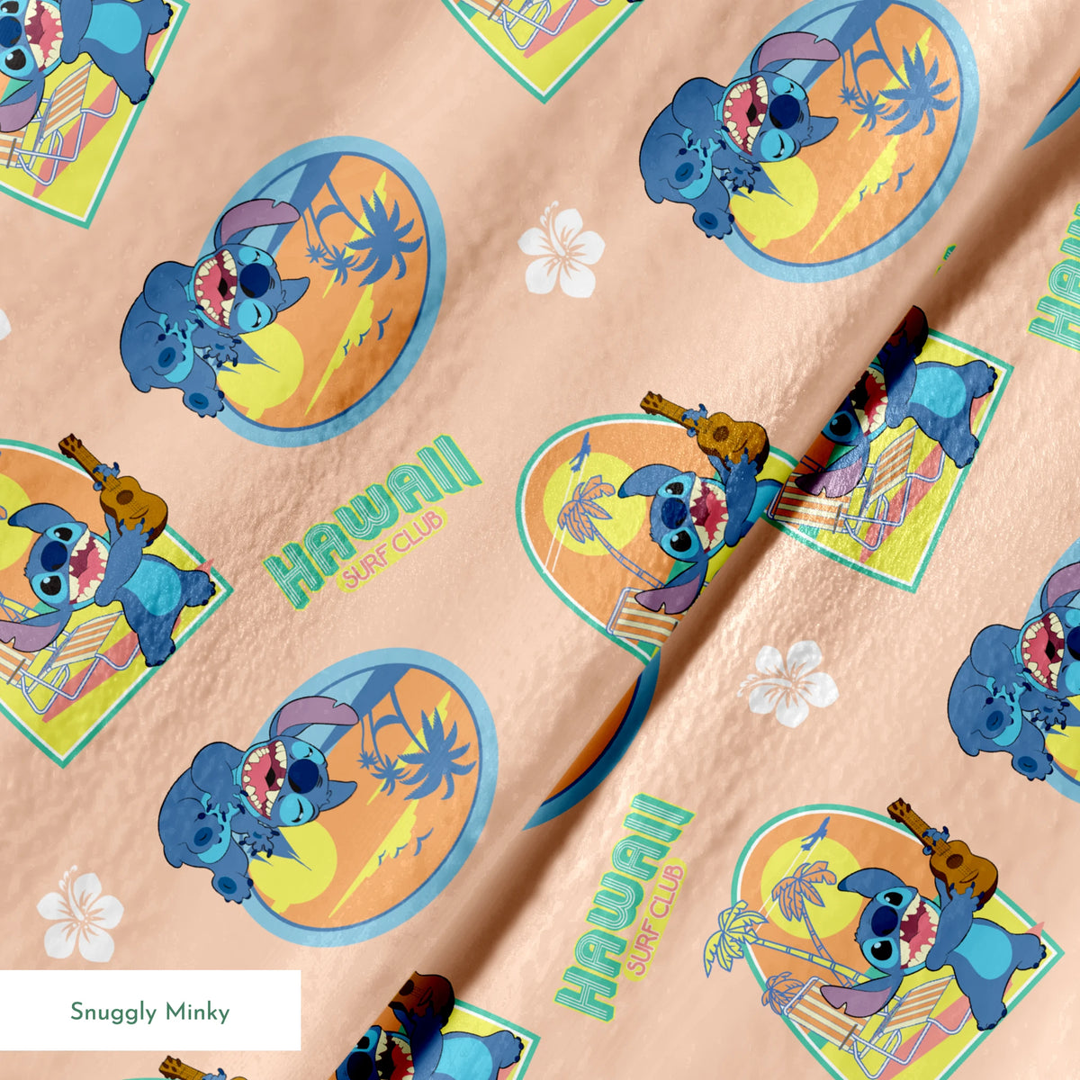 Disney's Stitch character on peach background with Hawaii-themed illustrations featuring surfboards, ukulele, and tropical imagery springs minky texture