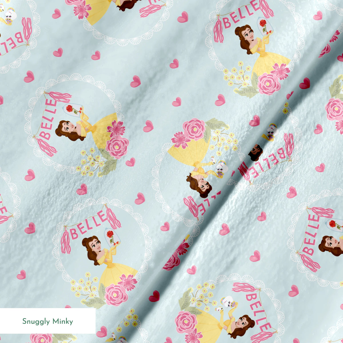 Princess Belle pattern with yellow dress, "Belle" text, hearts, and flowers on light blue background springs minky texture